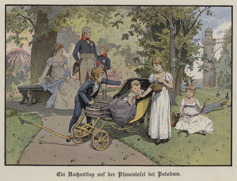 En ettermiddag på Pfaueninsel i Potsdam (farge litho) av German School