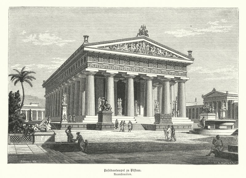 Det gamle greske tempelet i Hera, Paestum, Italia, tidligere feilaktig antatt å ha vært viet til Poseidon (gravering) av German School