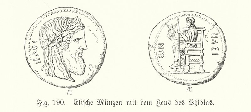 Gamle greske mynter fra Elis med bilder av Zeus fra Phidias (gravering) av German School