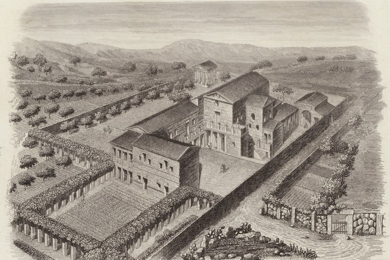 Gammelt gresk landsted i Al-Barah, Syria. Illustrasjon for Bilder-Atlas (gravering) av German School