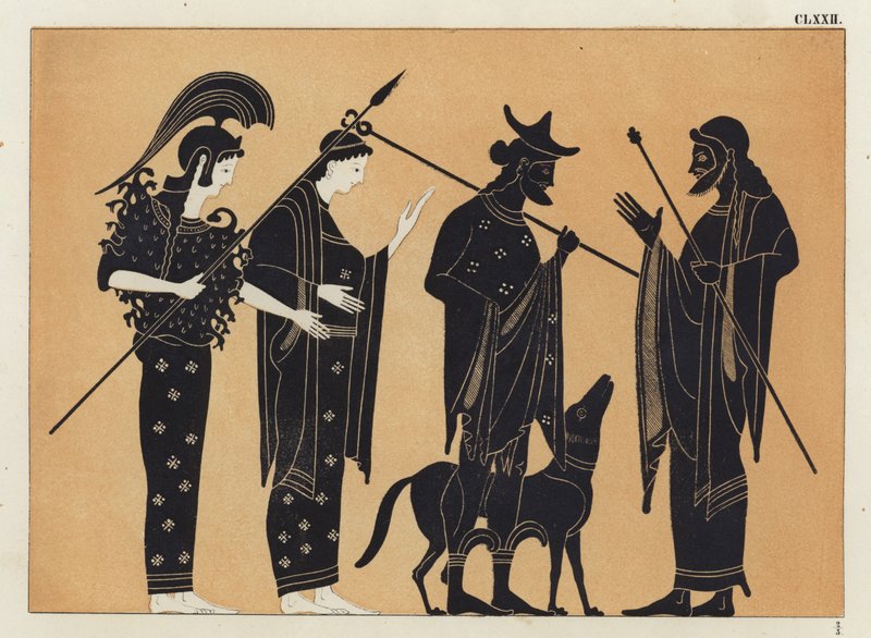 Gamle greske figurer, inkludert Athena, med hund av German School