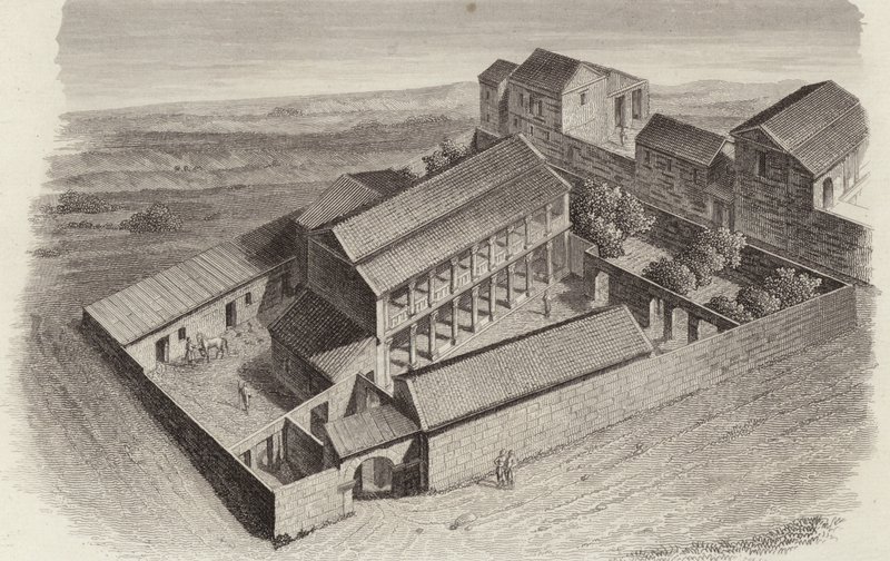 Gamle greske hus i Moudleja, Syria. Illustrasjon for Bilder-Atlas (gravering) av German School