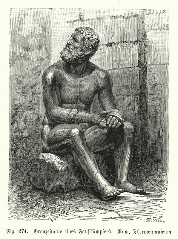 Gammel gresk eller romersk bronsestatue av en sittende bokser (gravering) av German School