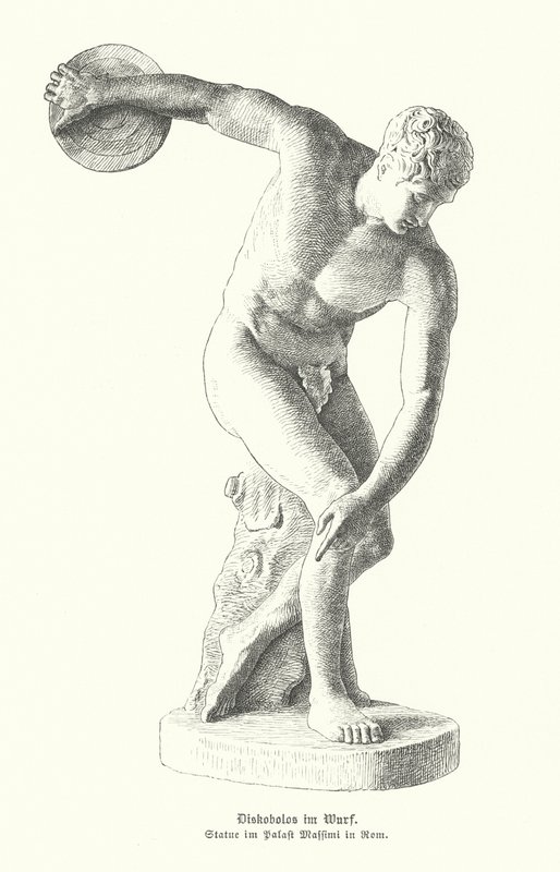 Gammel gresk statue av en diskoskaster som kaster (gravering) av German School