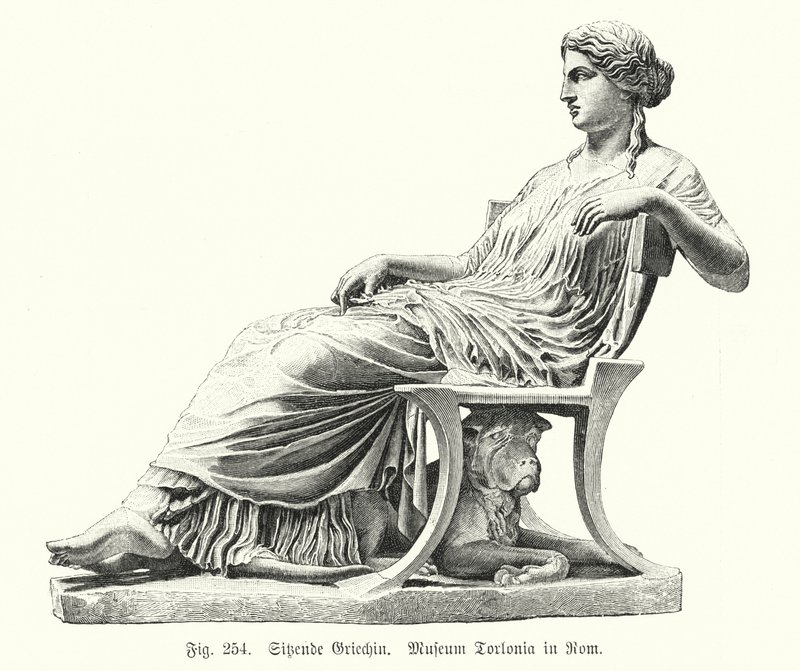 Gammel gresk statue av en sittende kvinne (gravering) av German School