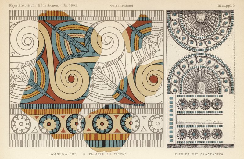 Gammelt gresk veggmaleri fra et palass i Tiryns og frise med glasspasta-dekor (farge litho) av German School