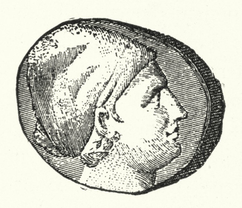 Gammel mynt som viser hodet til den antikke greske poeten Sappho (gravering) av German School