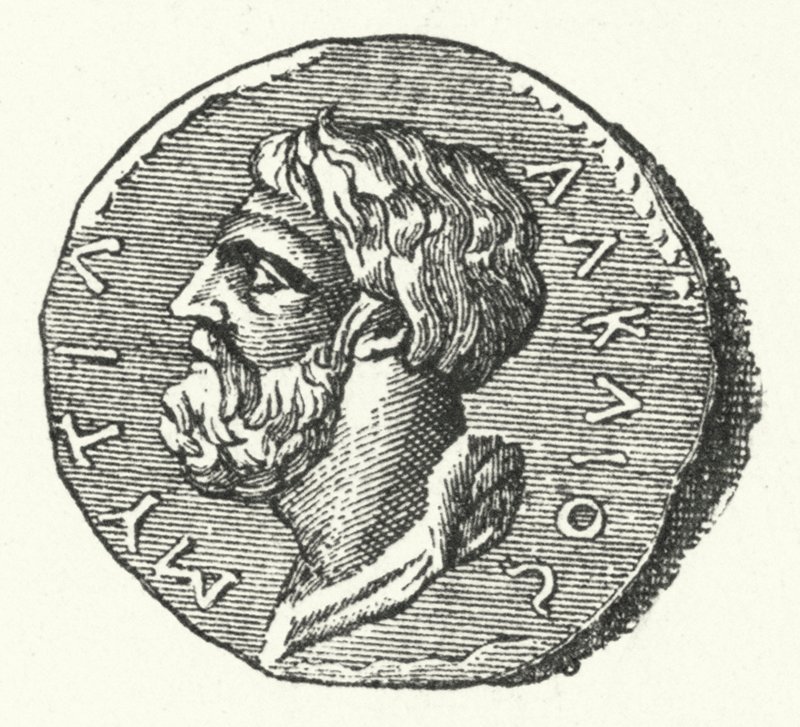 Gammel mynt som viser hodet til den greske poeten Alcaeus fra Mytilene av German School