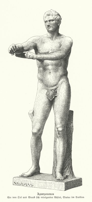 Apoxyomenos, statue av en idrettsutøver som skraper svette og støv av kroppen med en strigil (gravering) av German School