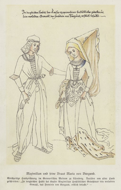 Erkehertug Maximilian av Østerrike og hans brud, Maria av Burgund (farge litho) av German School