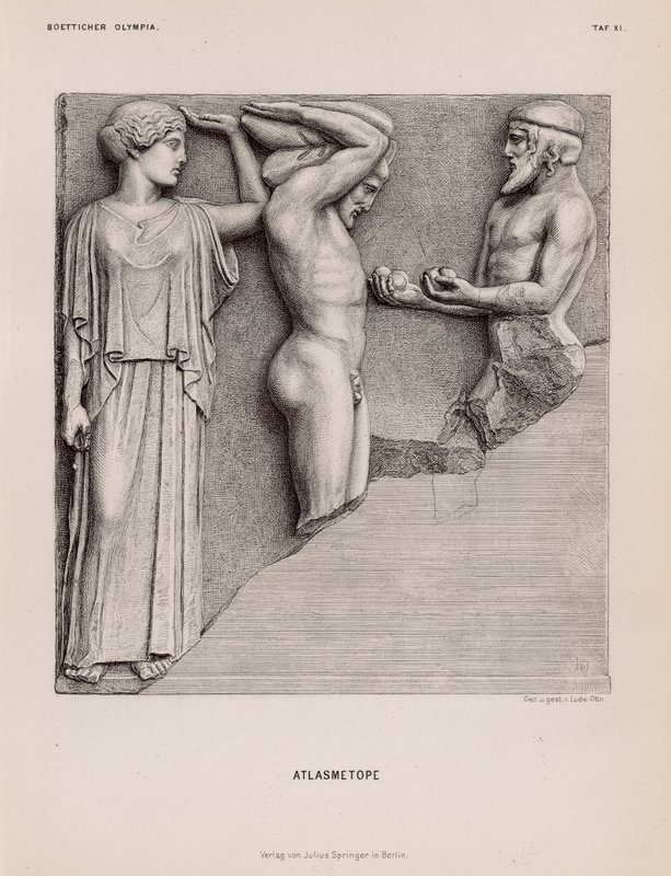 Atlas som bringer Herakles Hesperidenes epler i nærvær av Athena, metope fra Zeus-tempelet, Olympia, Hellas (gravering) av German School