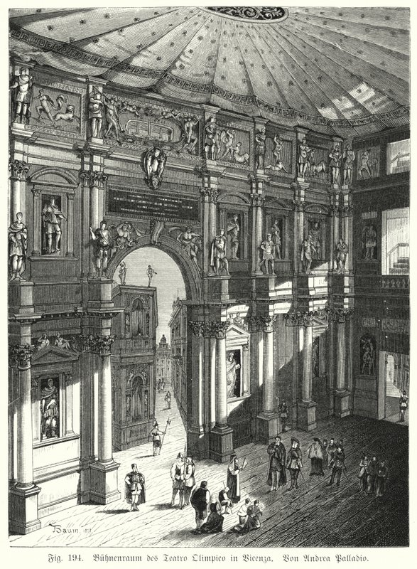 Auditorium og scene i Teatro Olimpico, Piacenza, Italia, designet av Andrea Palladio (gravering) av German School