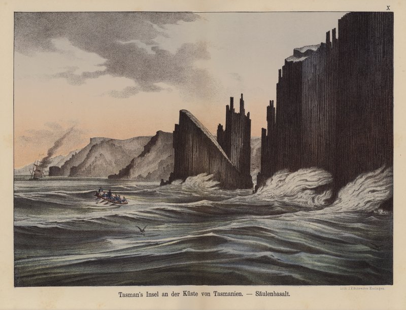 Basaltsøyler på Tasman Island, Tasmania, Australia (farge litho) av German School