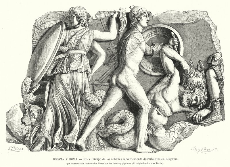 Kamp mellom gudene og titanene og gigantene, antikkens gresk relieff fra Pergamon (litho) av German School