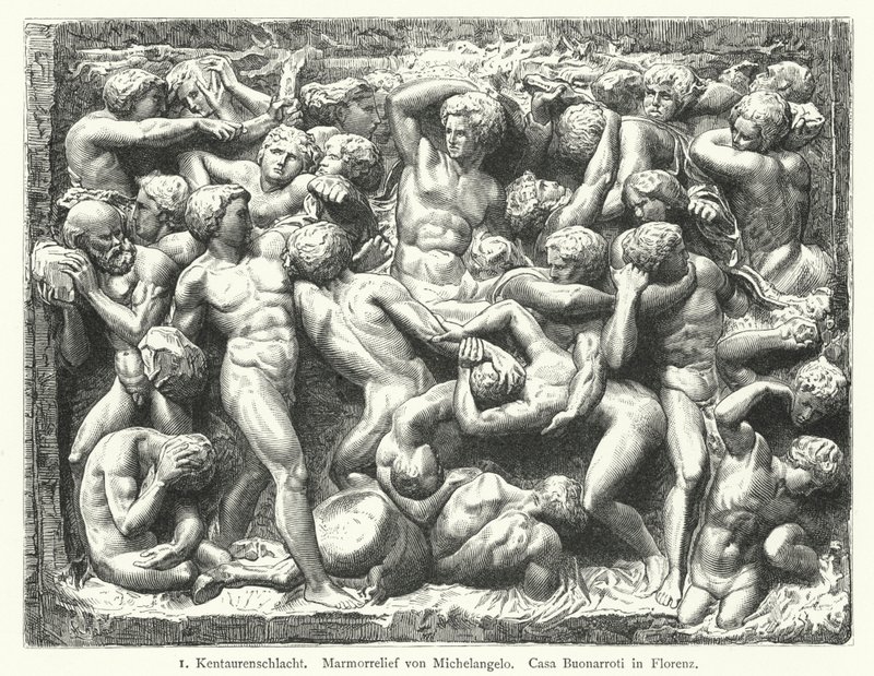 Battle of the Centaurs, marmorrelieff av Michelangelo (gravering) av German School