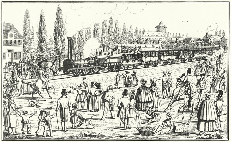 Bavarian Ludwig Railway mellom Nürnberg og Furth (gravering) av German School