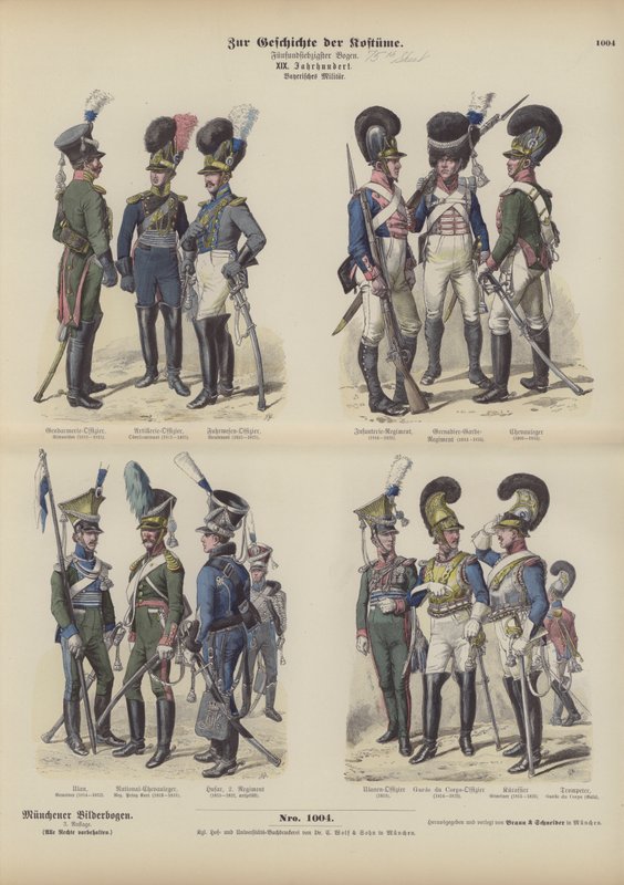 Bayerske militæruniformer, tidlig på 1800-tallet (farget gravering) av German School