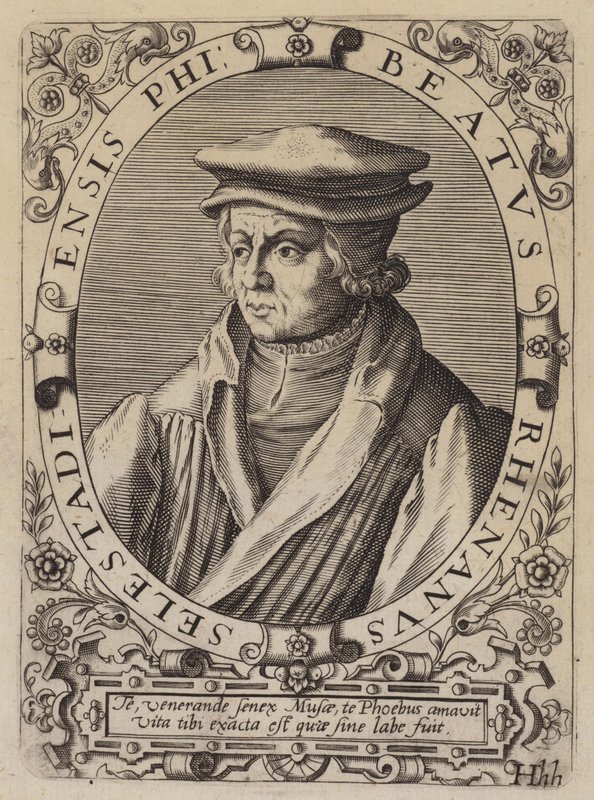 Salige Rhenanus , tysk humanist, lærd og religiøs reformator (gravering) av German School