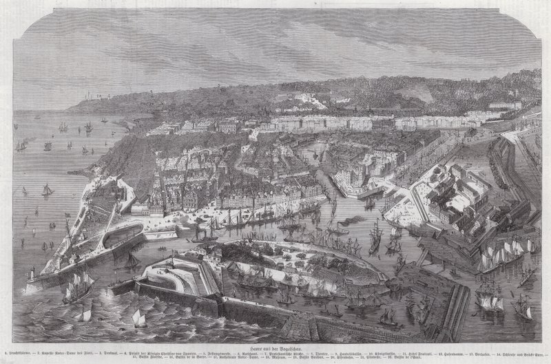 Fugleperspektiv av Le Havre, Frankrike (gravering) av German School