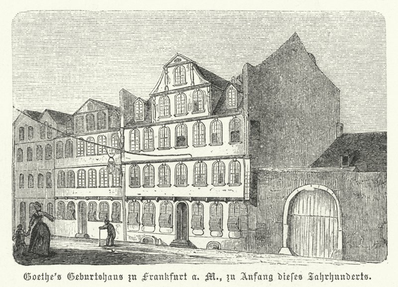 Fødested til den tyske forfatteren Johann Wolfgang von Goethe, Frankfurt-am-Main, tidlig på 1800-tallet (gravering) av German School