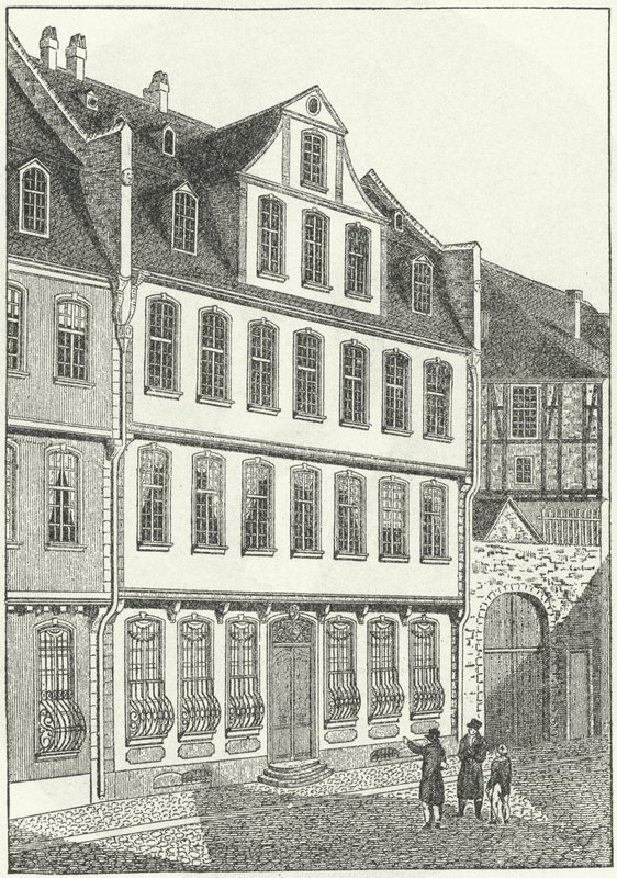 Fødested til tysk forfatter og statsmann, Johann Wolfgang von Goethe, Frankfurt, Tyskland (gravering) av German School