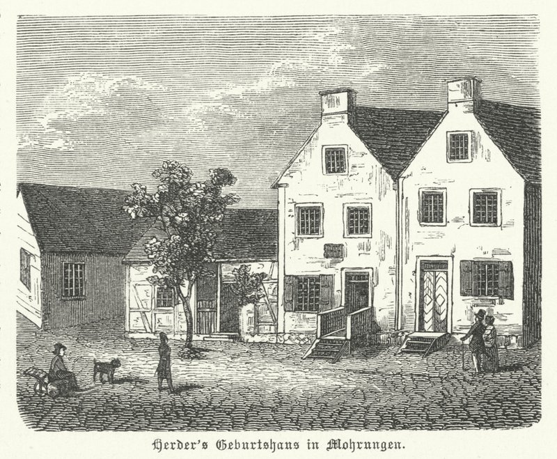 Fødested til den tyske forfatteren, filosofen og lutherske teologen Johann Gottfried von Herder, Mohrungen (gravering) av German School