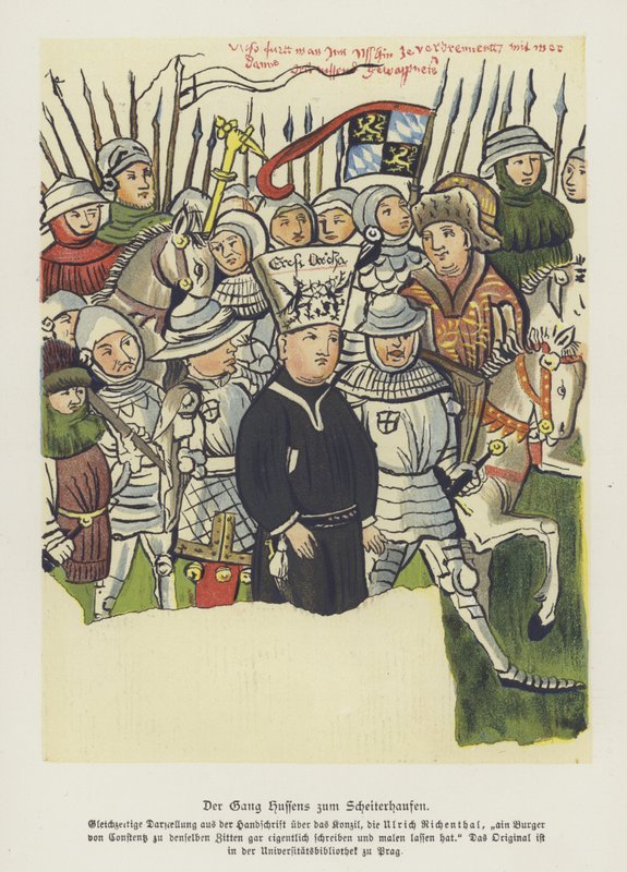Den bøhmiske kristne reformatoren Jan Hus blir ført til sin henrettelse, Constance, 6. juli 1415 (farge litho) av German School