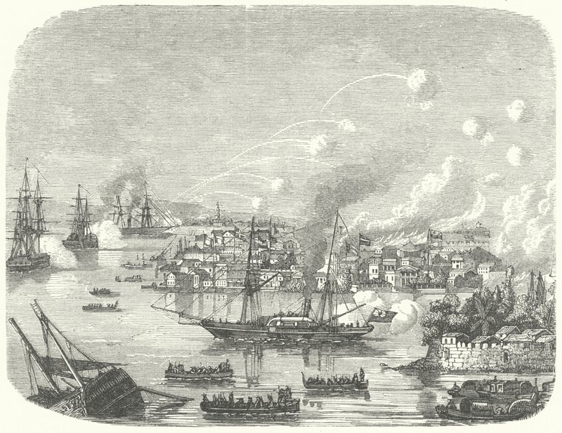 Bombardement av Kanton av den britiske andre opiumskrigen av German School