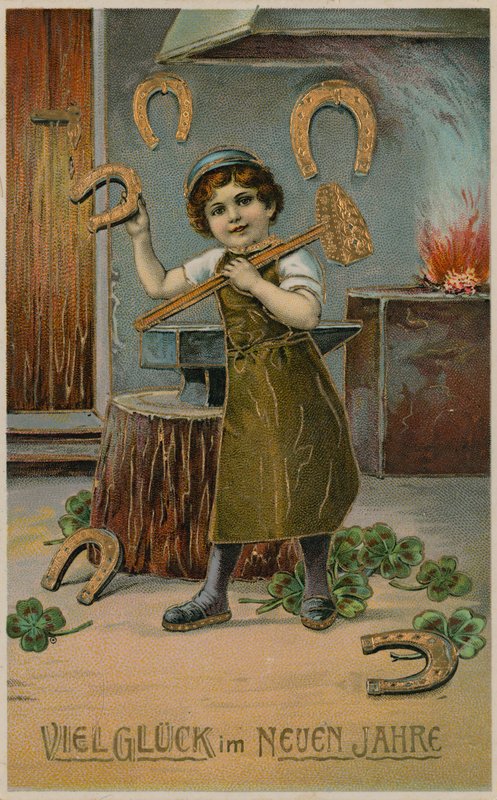 Guttesmed som lager gyldne hestesko for nyttårslykke. Postkort sendt 31. desember 1913. av German School