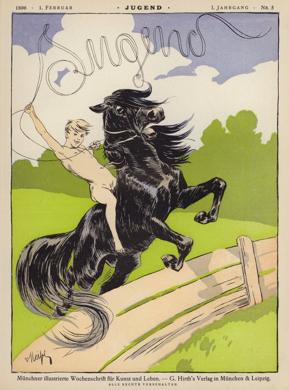 Gutt på hesteryggen (farge litho) av German School