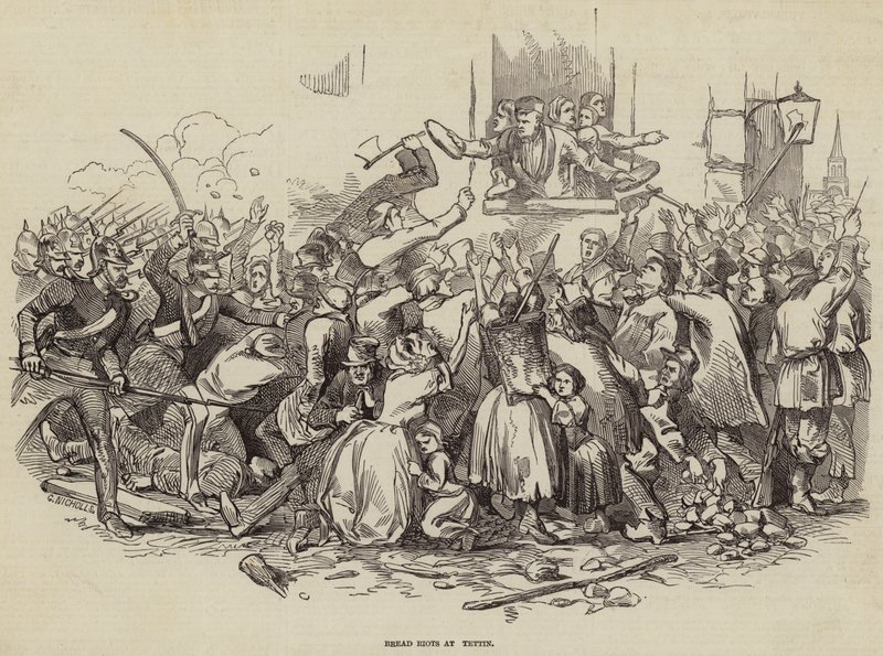 Brødopptøyer ved Stettin, Tyskland 24. april 1847 (gravering) av German School