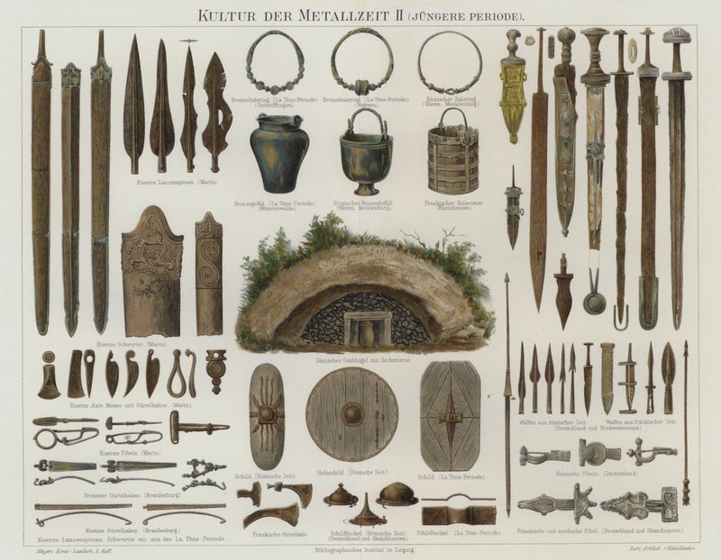 Bronse- og jernaldergjenstander (farge litho) av German School