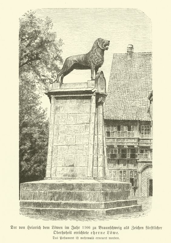 Bronseløve reist av Henry the Lion i Brunswick i 1166 (gravering) av German School