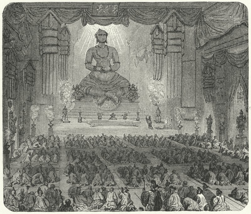 Buddhister som tilber i et kloster i Peking (gravering) av German School