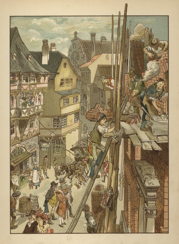 Byggere på jobb på et hus (farge litho) av German School