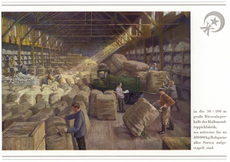 Teppeprodusentenes virksomhet Halbmond-Teppichfabrik Von Koch Und Te Kock (farge litho) av German School