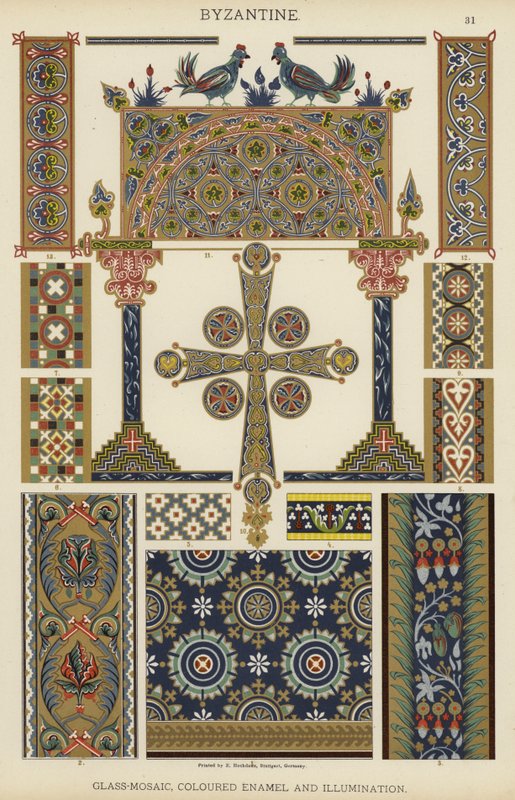 Bysantinsk, glass-mosaikk, farget emalje og belysning (farge litho) av German School