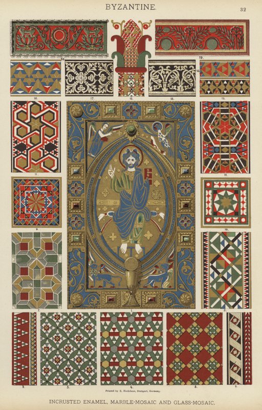 Bysantinsk, inkrust emalje, marmor-mosaikk og glass-mosaikk (farge litho) av German School