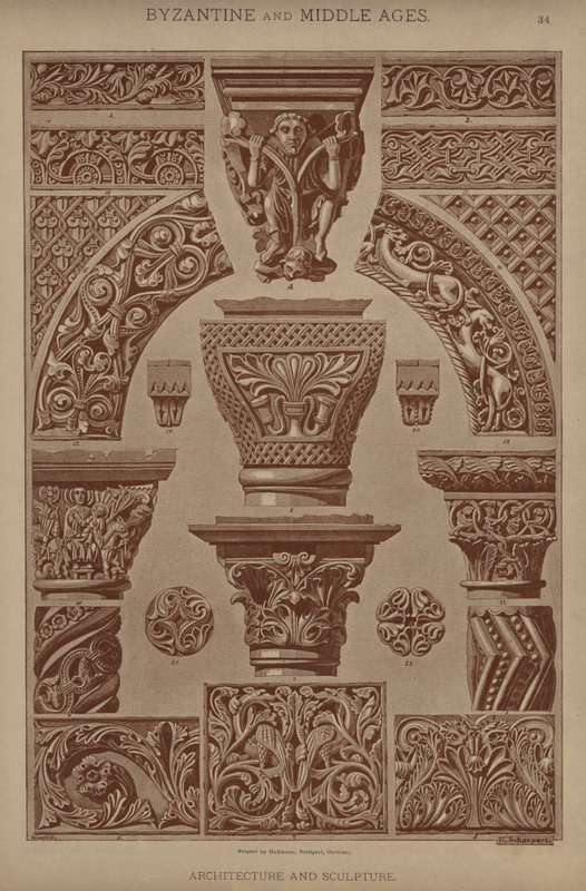 Bysantinsk og middelalder, arkitektur og skulptur (farge litho) av German School