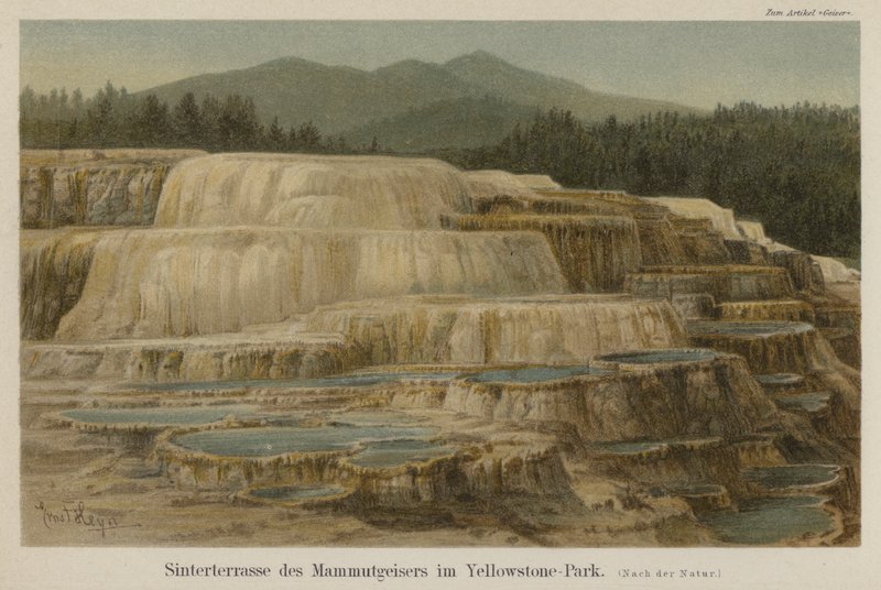 Kalkrike sinterterrasser ved Mammoth Hot Springs i Yellowstone nasjonalpark, Wyoming (farge litho) av German School