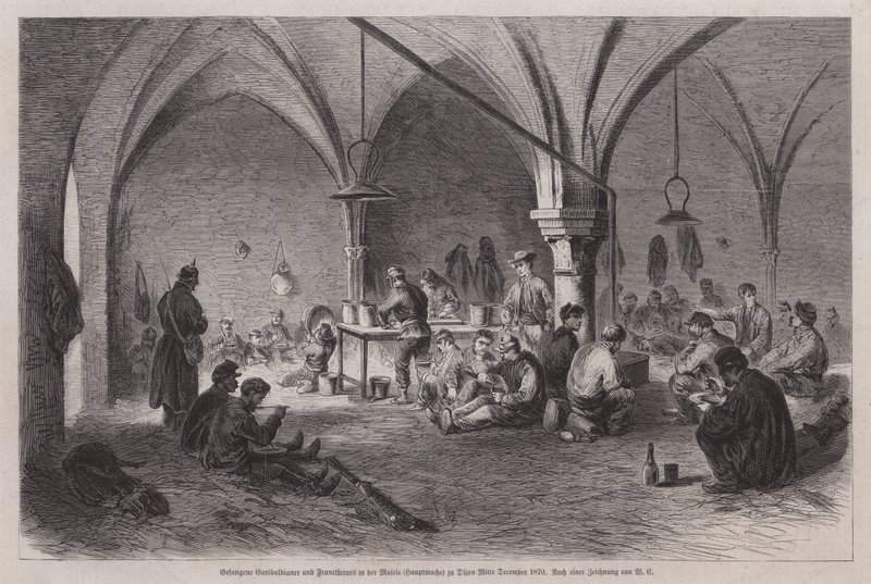 Fangede garibaldianere og franske franc-tireurs i rådhuset i Dijon, Frankrike, fransk-prøyssisk krig, midten av desember 1870 (gravering) av German School