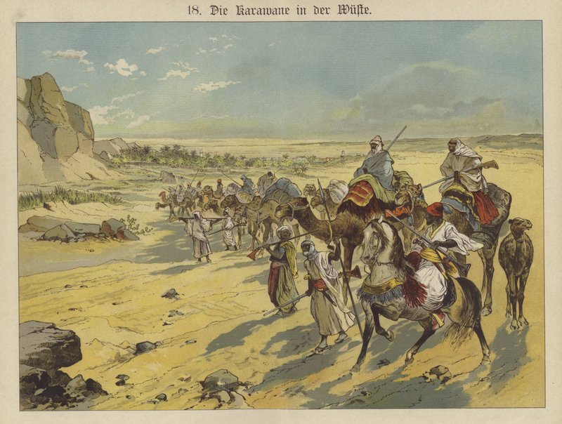 Karavane i den arabiske ørkenen (farge litho) av German School