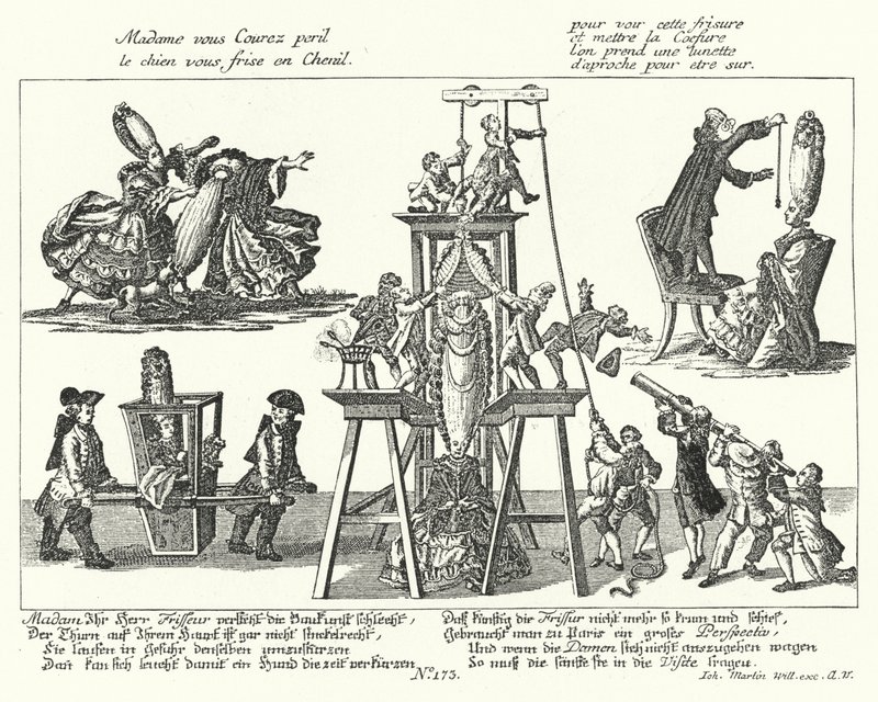 Karikatur på de altfor høye parykkene båret av fasjonable kvinner på 1700-tallet (gravering) av German School