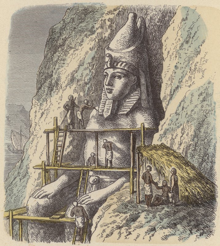 Utskjæring av en statue av en gammel egyptisk farao fra en fjellvegg (farget gravering) av German School