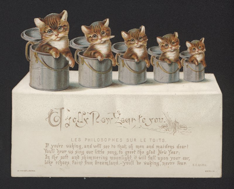 Katter i bøtter, nyttårs gratulasjonskort (chromolitho) av German School