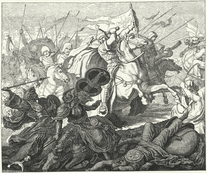 Charles Martel i slaget ved Poitiers, 732 (gravering) av German School
