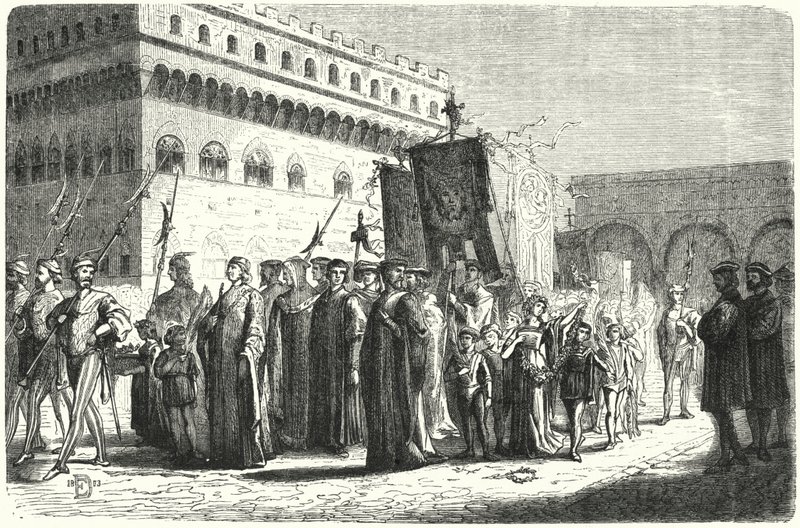 Barneprosesjon i Firenze under styre av Girolamo Savonarola (gravering) av German School