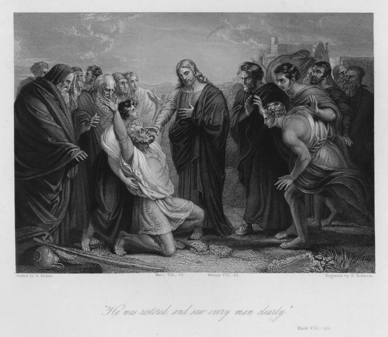 Kristus helbreder de blinde, Mark VIII, 25 (gravering) av German School
