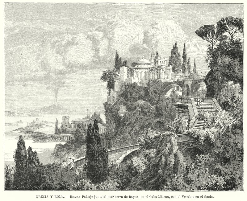 Kystlinjen til Napolibukta fra den gamle romerske byen Baiae, Cape Miseno, med Vesuv i det fjerne (litho) av German School