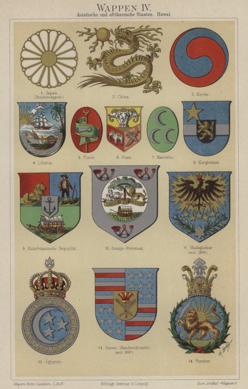 Våpenskjold fra Hawaii og land i Asia og Afrika (farge litho) av German School